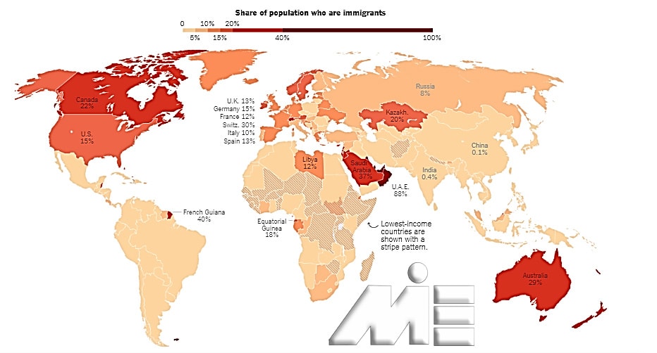 نقشه درصد جمعیت کشورهای جهان، بر اساس تعداد مهاجرین