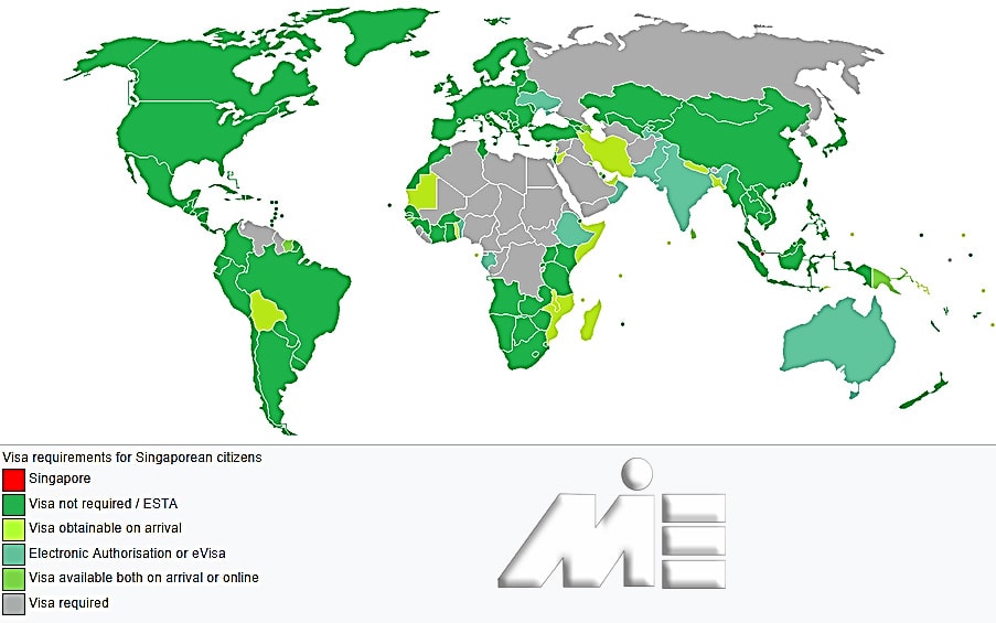 نقشه آزادی سفر برای دارندگان پاسپورت سنگاپور