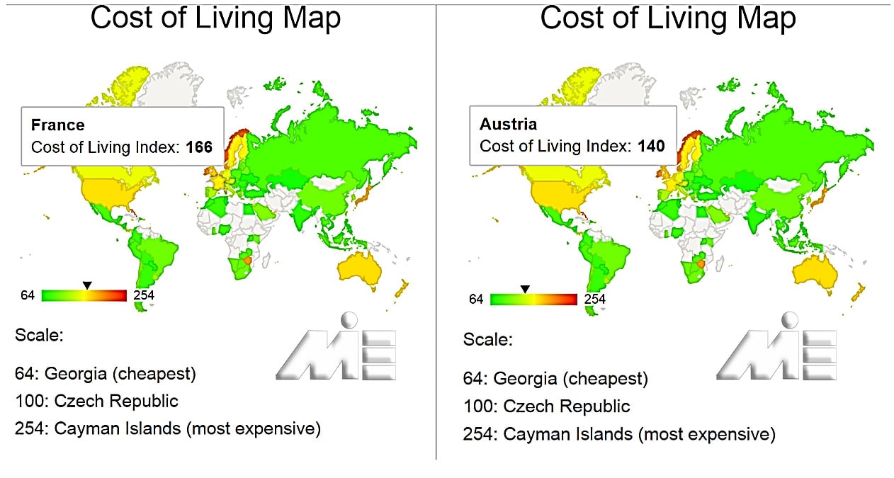 نقشه هزینه زندگی برای کشور های فرانسه و اتریش