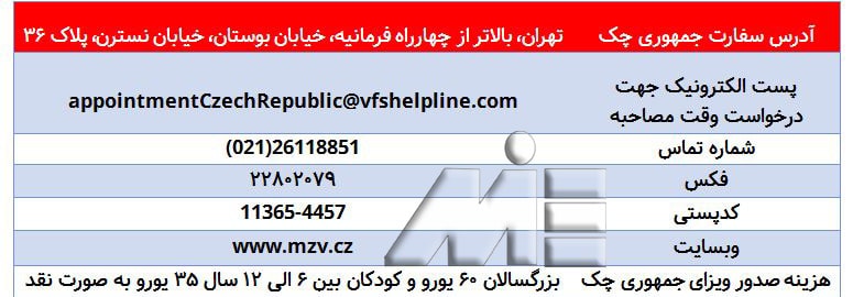 اطلاعات ارتباطی و آدرس سفارت جمهوری چک