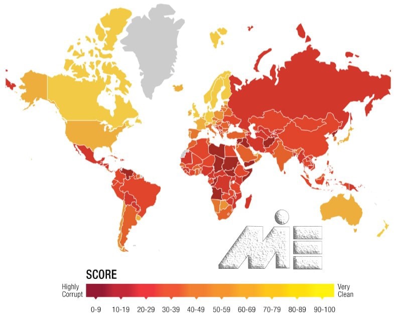 نقشه میزان کنترل فساد کل کشورهای جهان