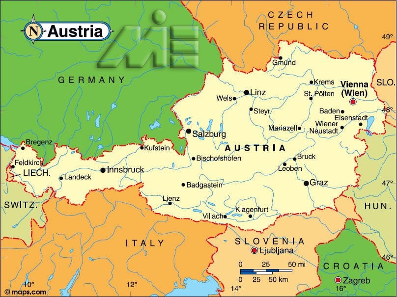 اتریش بر روی نقشه - موقعیت جغرافیایی اتریش - اتریش کجاست؟