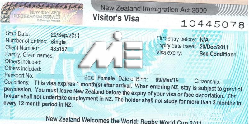 نمونه استیکر ویزای توریستی نیوزلند