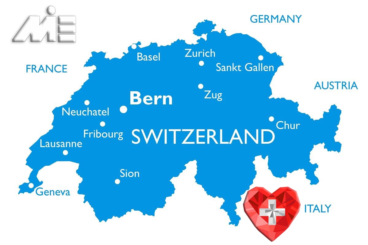 نقشه سوئیس - کشور سوئیس کجاست؟ - شهرهای سوئیس- مهاجرت به سوئیس - اقامت سوئیس