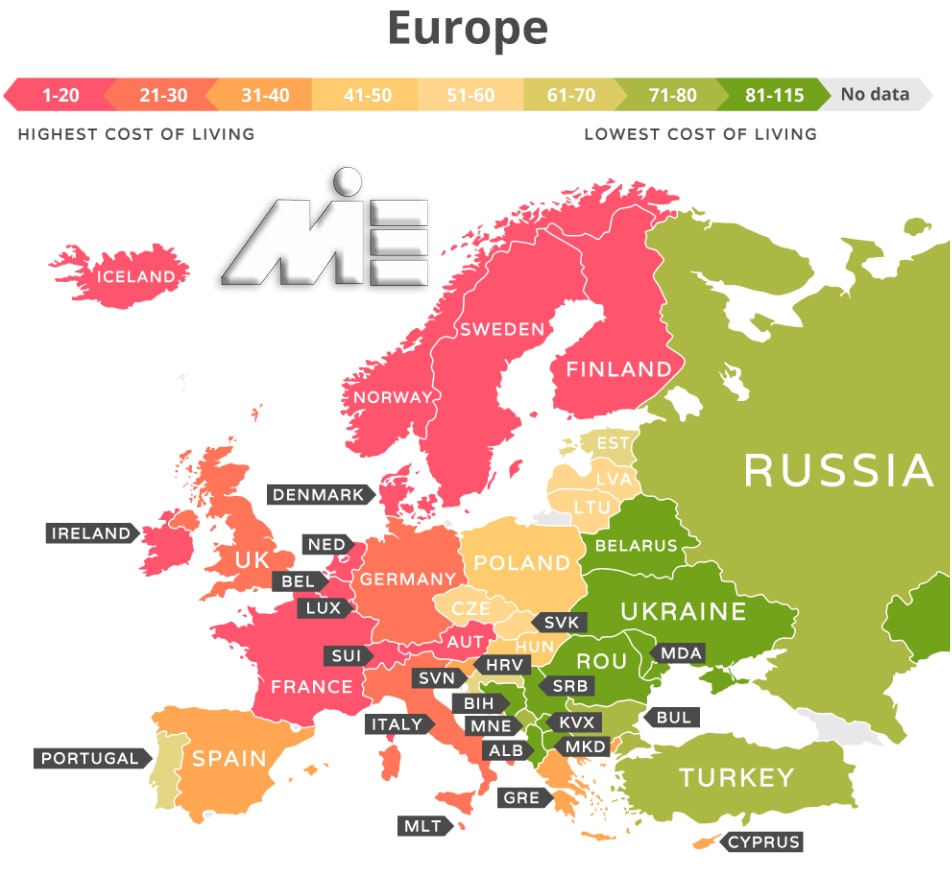 نقشه هزینه های زندگی در کشورهای اروپایی - هزینه های تحصیل و زندگی در اروپا